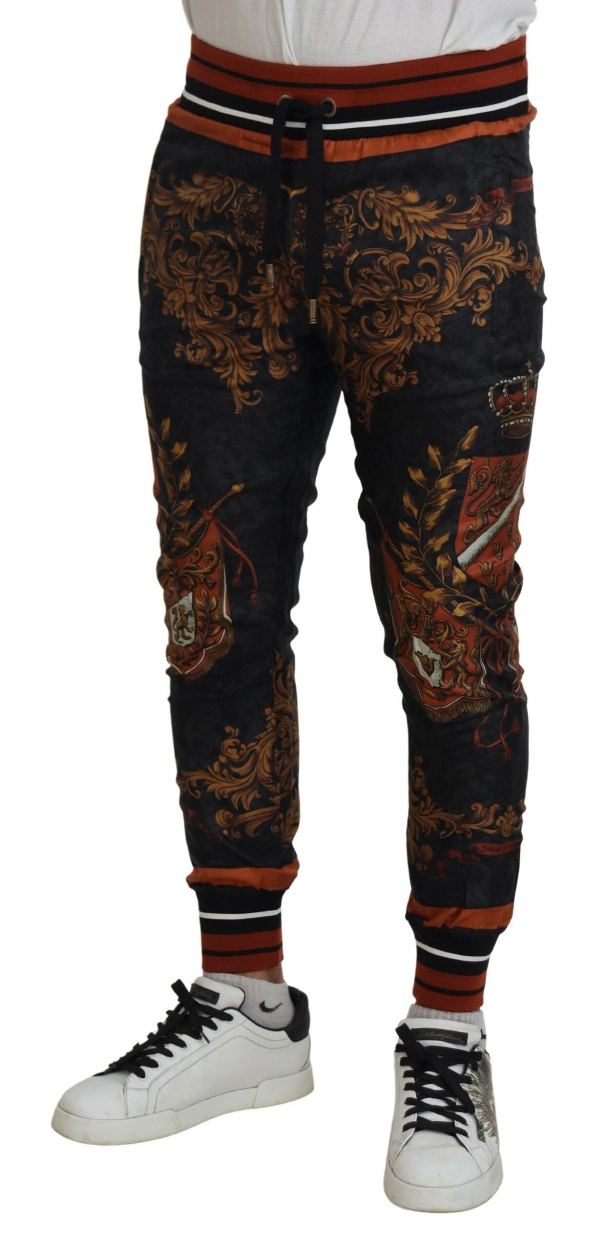 Gray Silk Baroque Crown Trousers Sport Pants - ventzia
