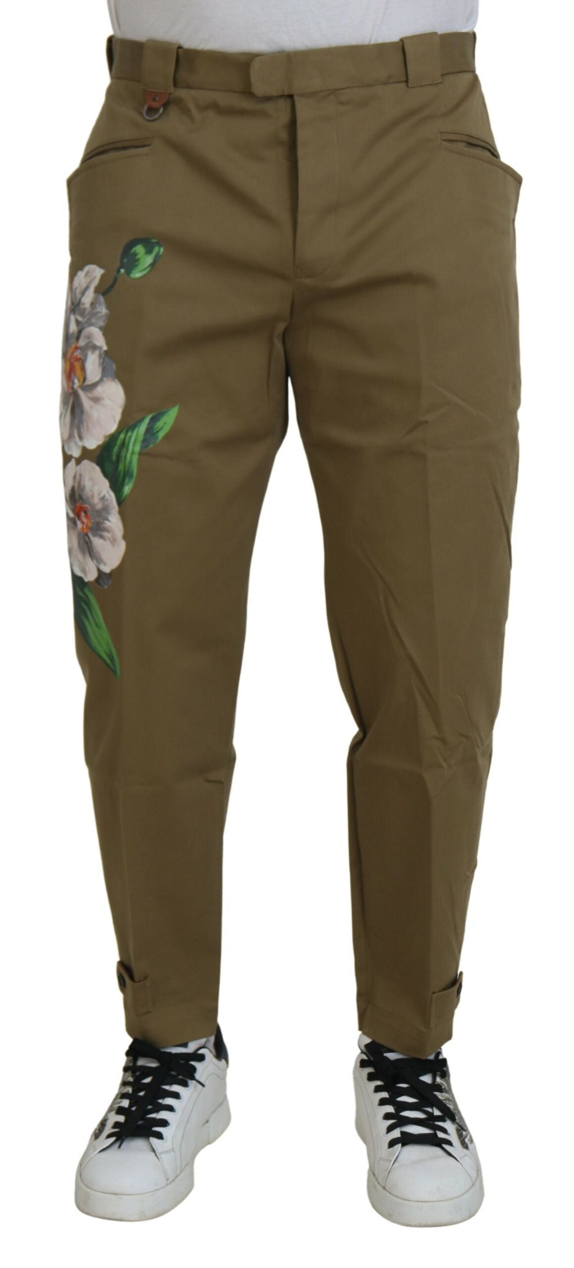 Beige Cotton Stretch Floral Chinos Pants - ventzia
