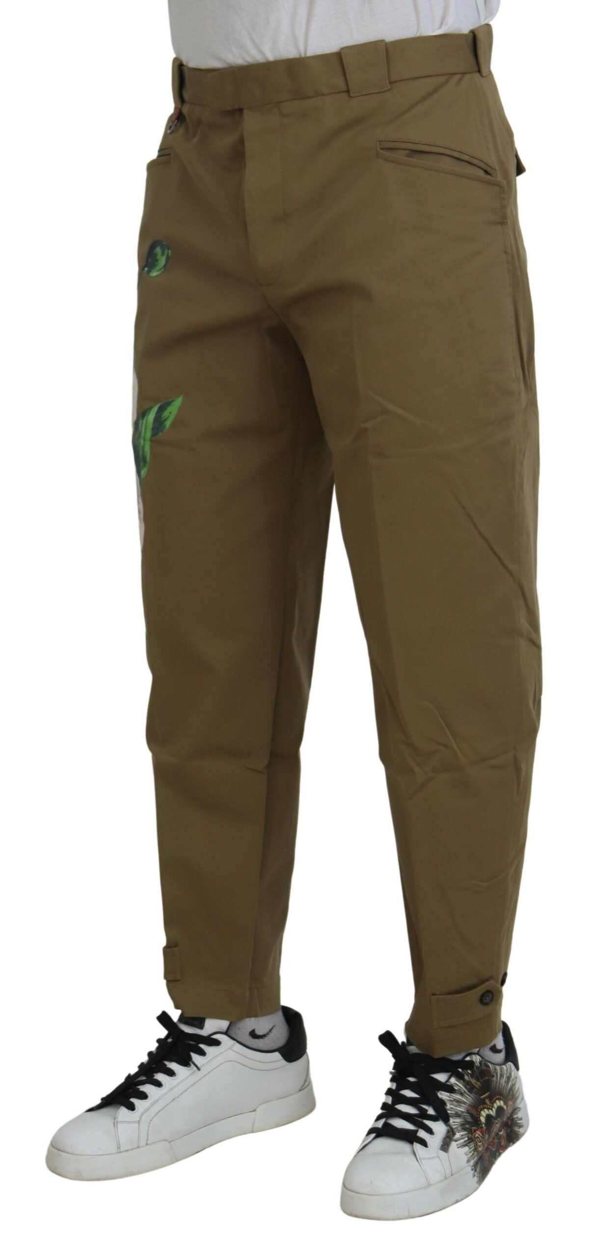 Beige Cotton Stretch Floral Chinos Pants - ventzia
