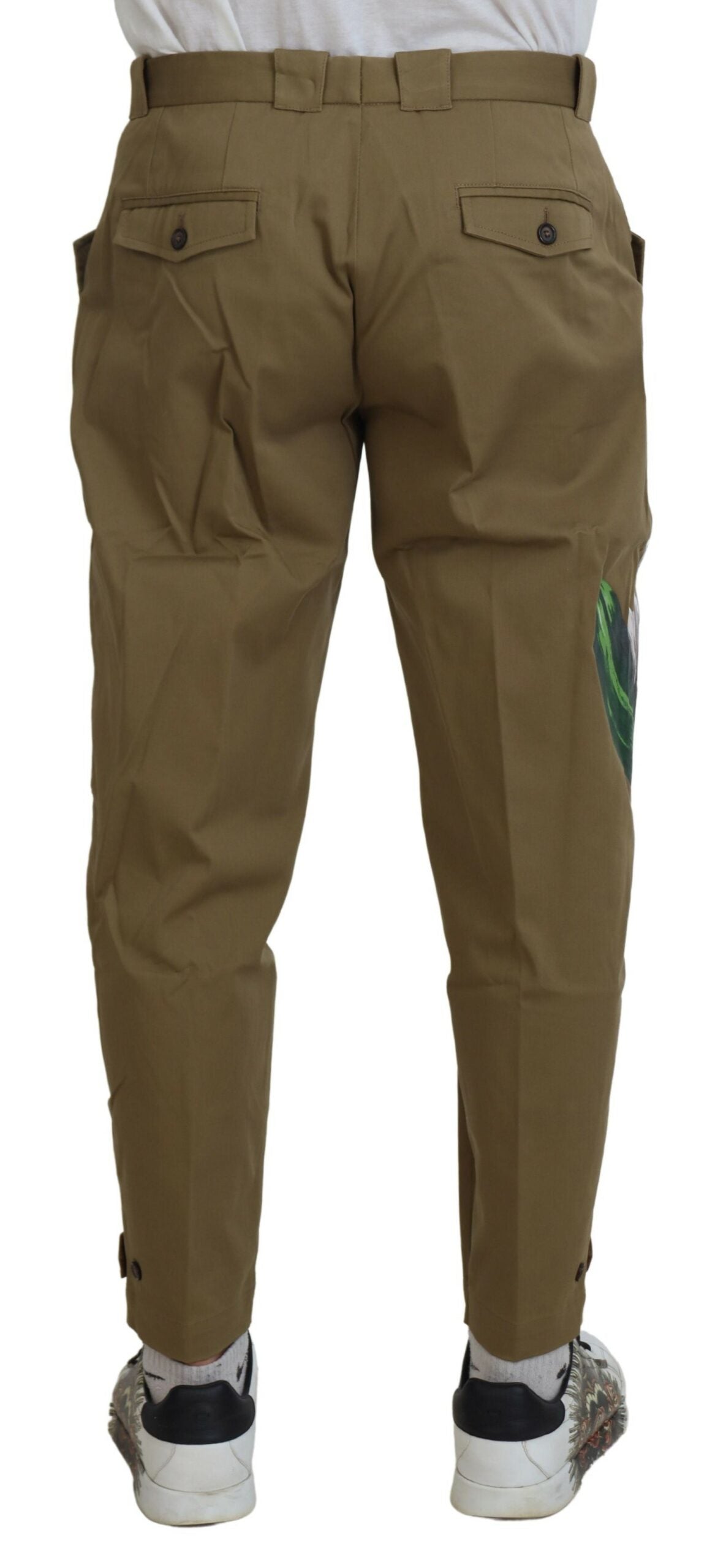 Beige Cotton Stretch Floral Chinos Pants - ventzia