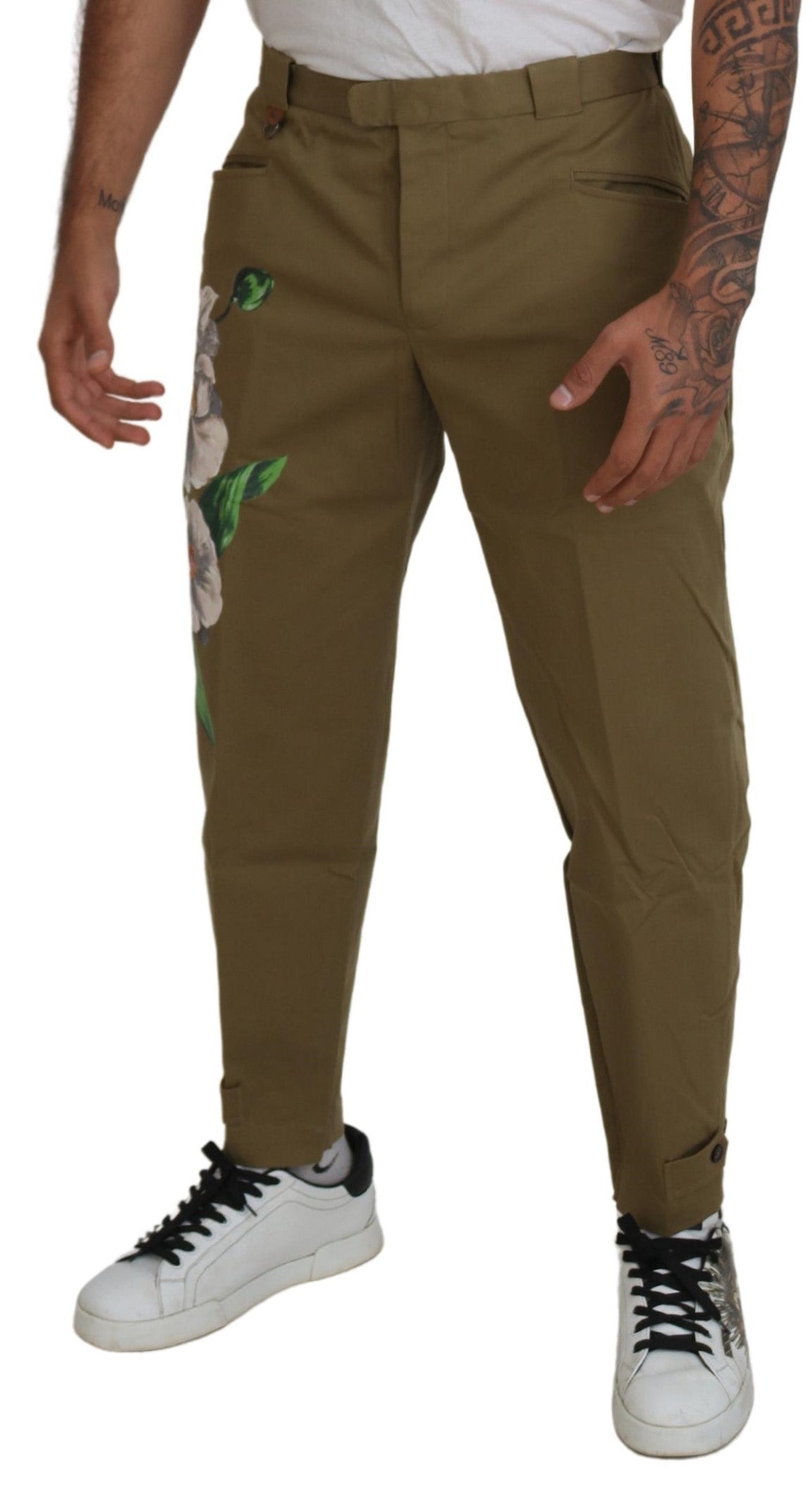 Beige Cotton Stretch Floral Chinos Pants - ventzia