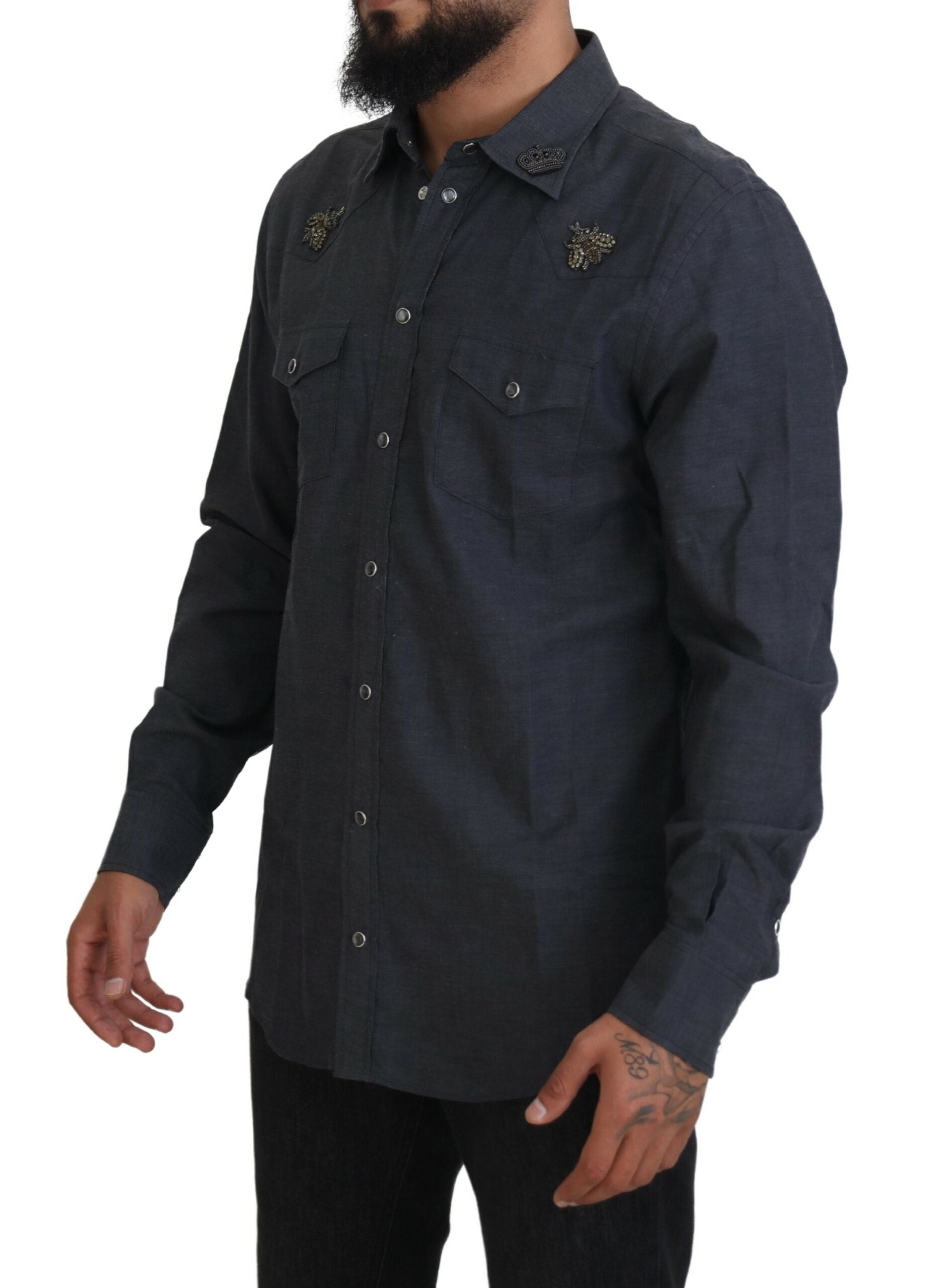 Blue Cotton Denim Crystal Bee Shirt - ventzia