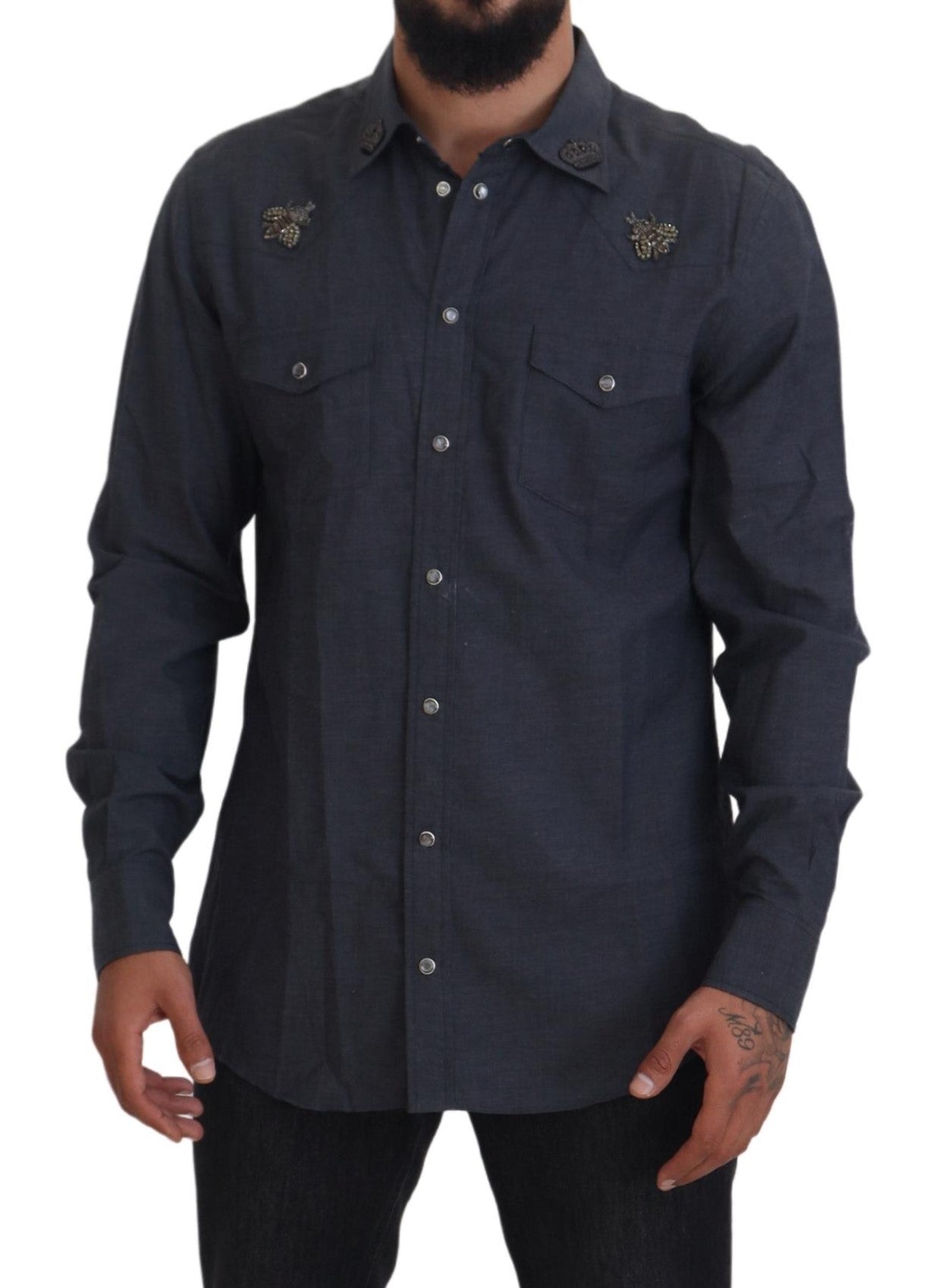 Blue Cotton Denim Crystal Bee Shirt - ventzia