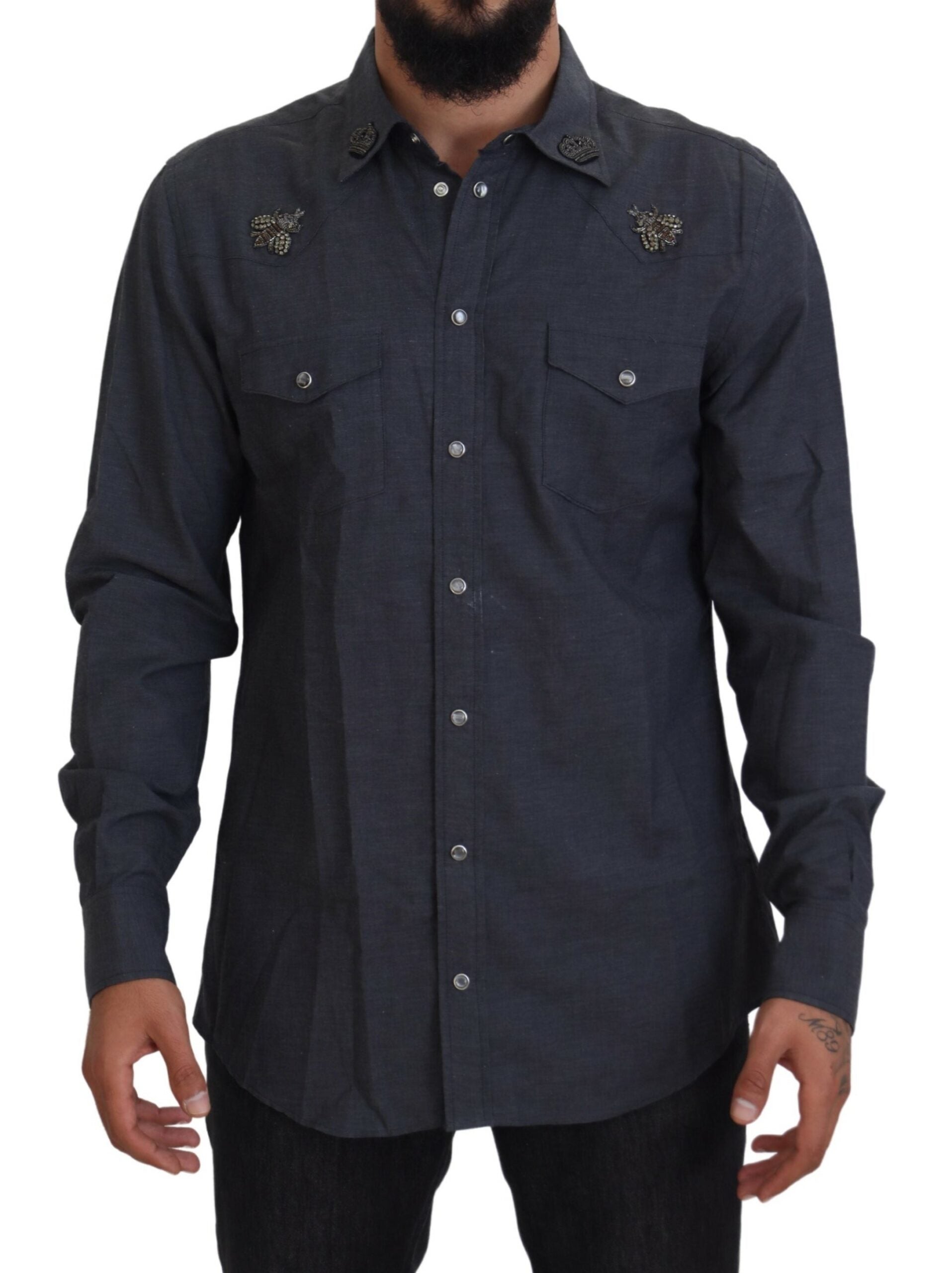 Blue Cotton Denim Crystal Bee Shirt - ventzia