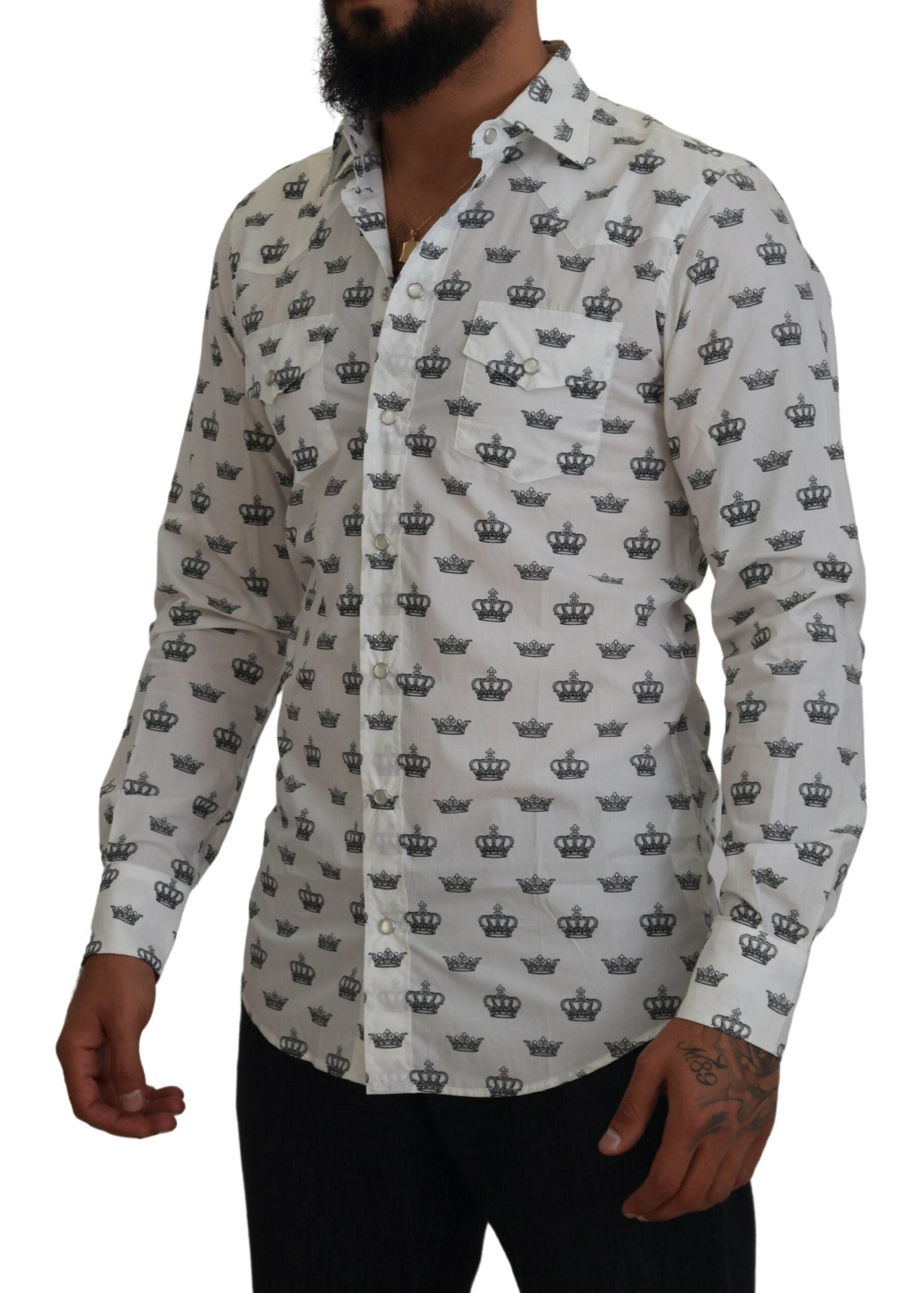 White Crown Print Slim Fit Cotton Shirt - ventzia