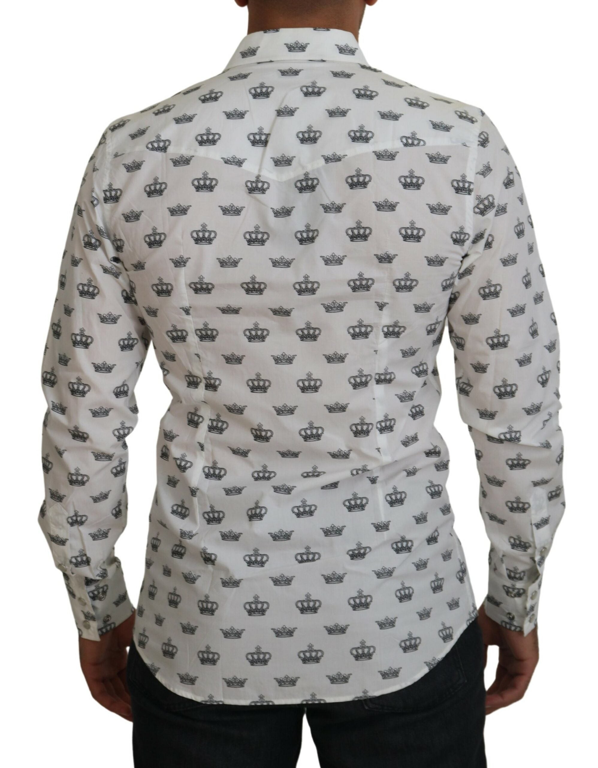 White Crown Print Slim Fit Cotton Shirt - ventzia