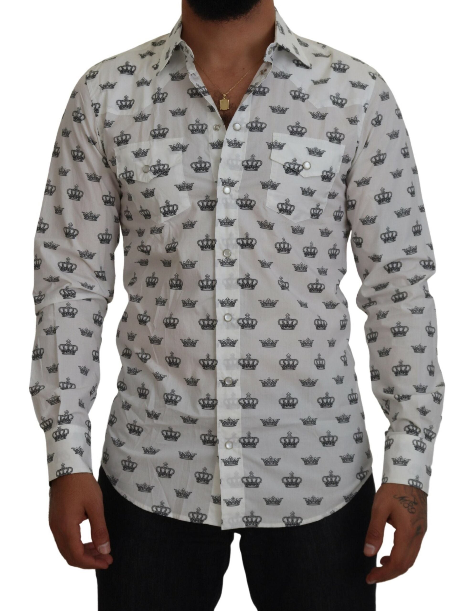 White Crown Print Slim Fit Cotton Shirt - ventzia
