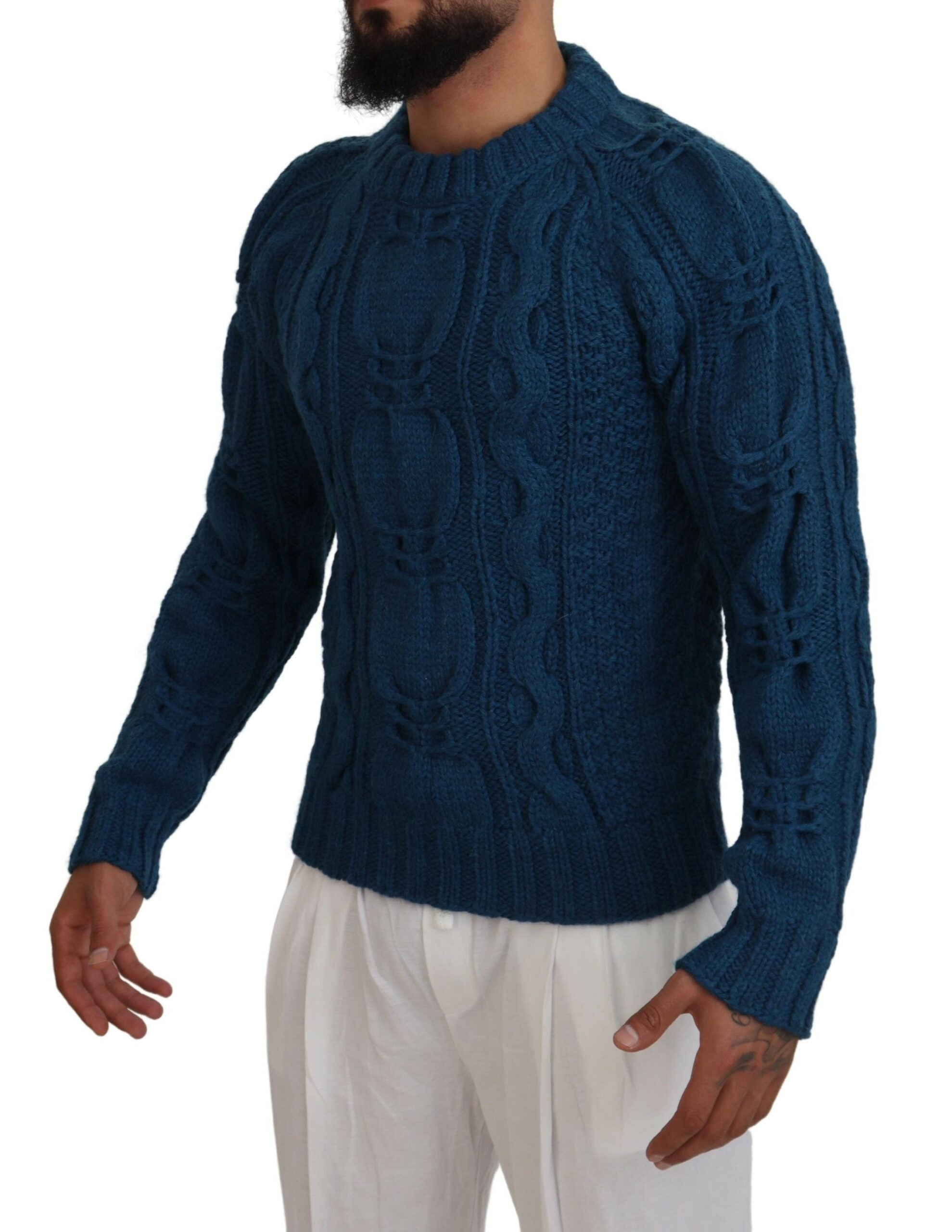 Blue Knitted Wool Alpaca Pullover Sweater - ventzia