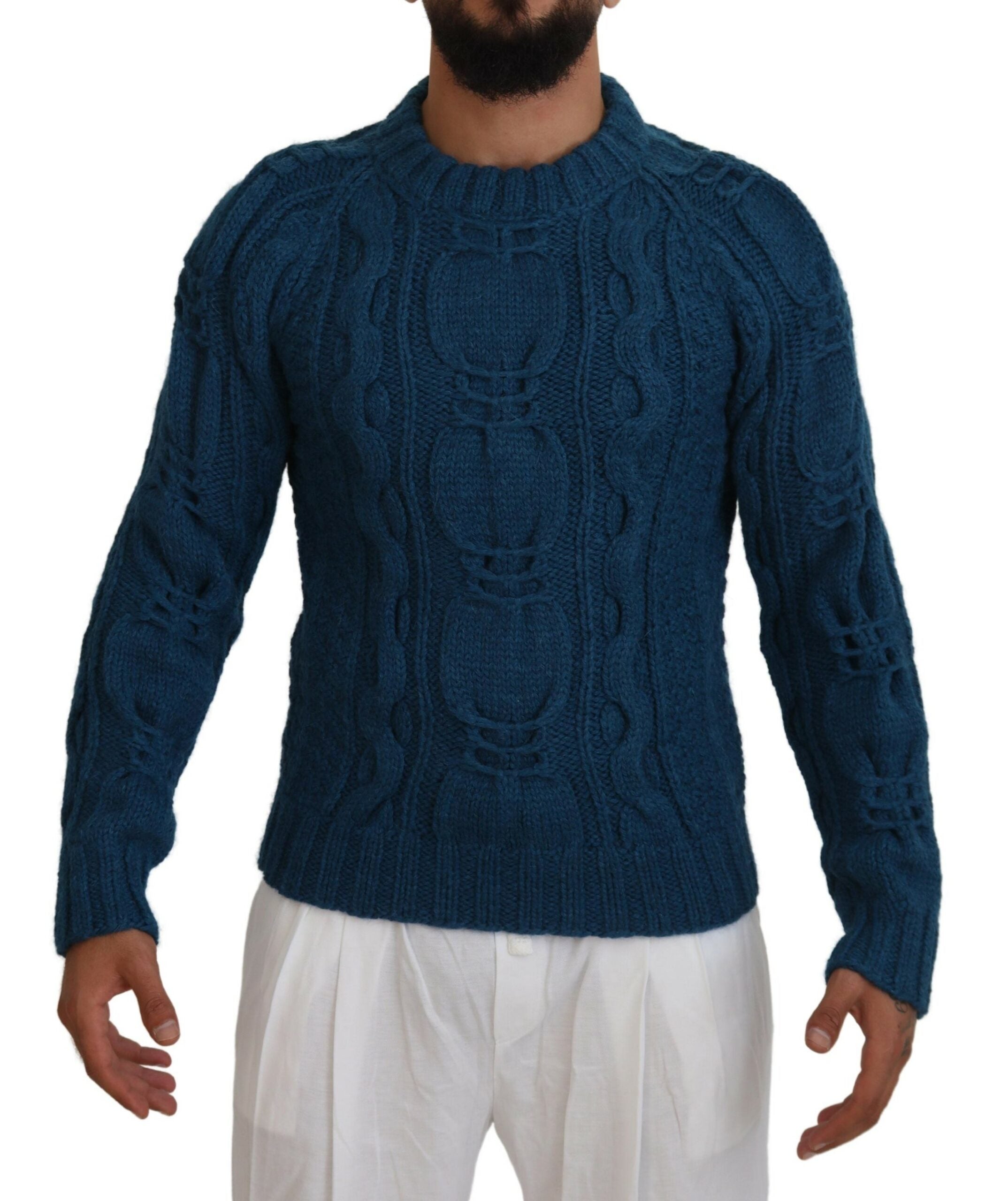 Blue Knitted Wool Alpaca Pullover Sweater - ventzia