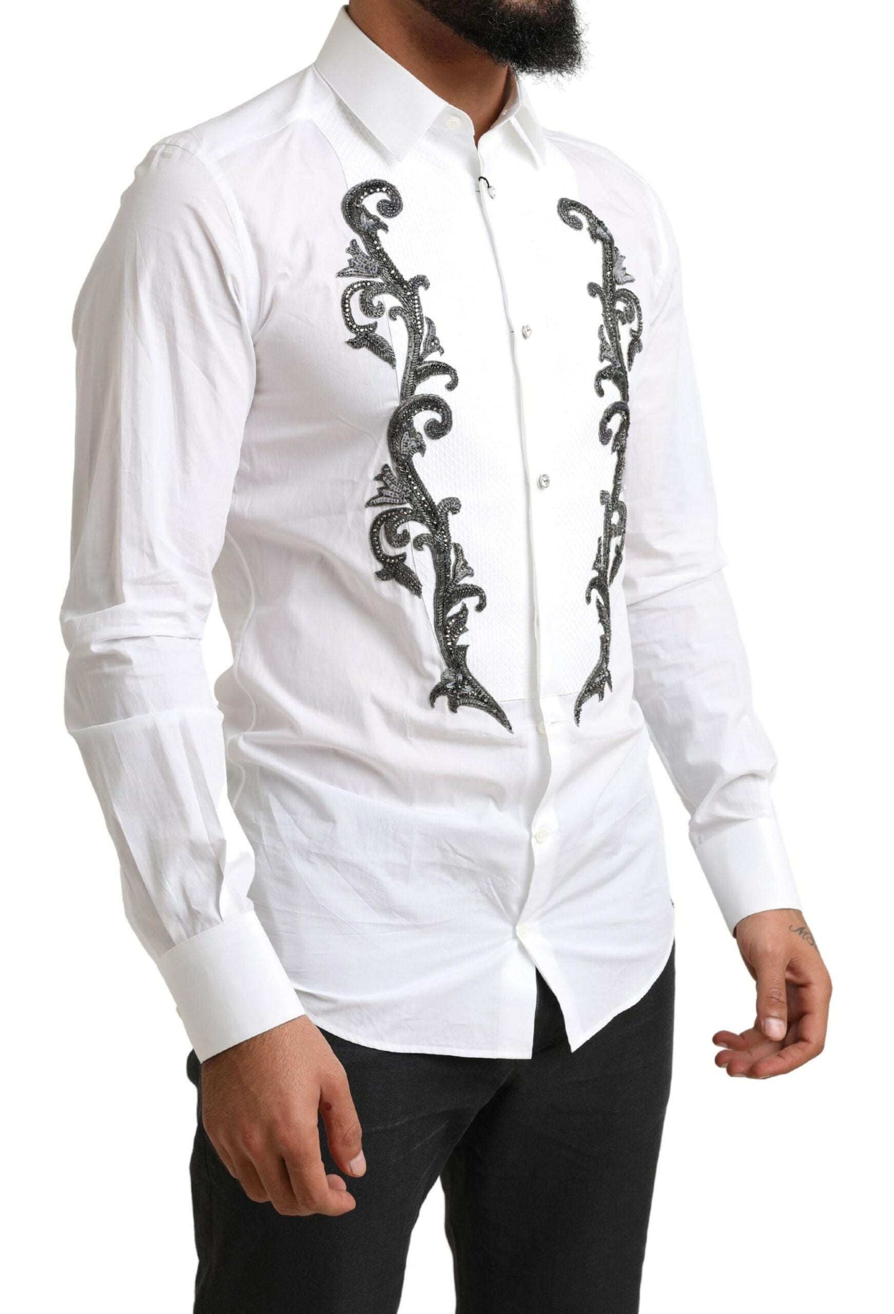 White Tuxedo Slim Fit Baroque Shirt - ventzia