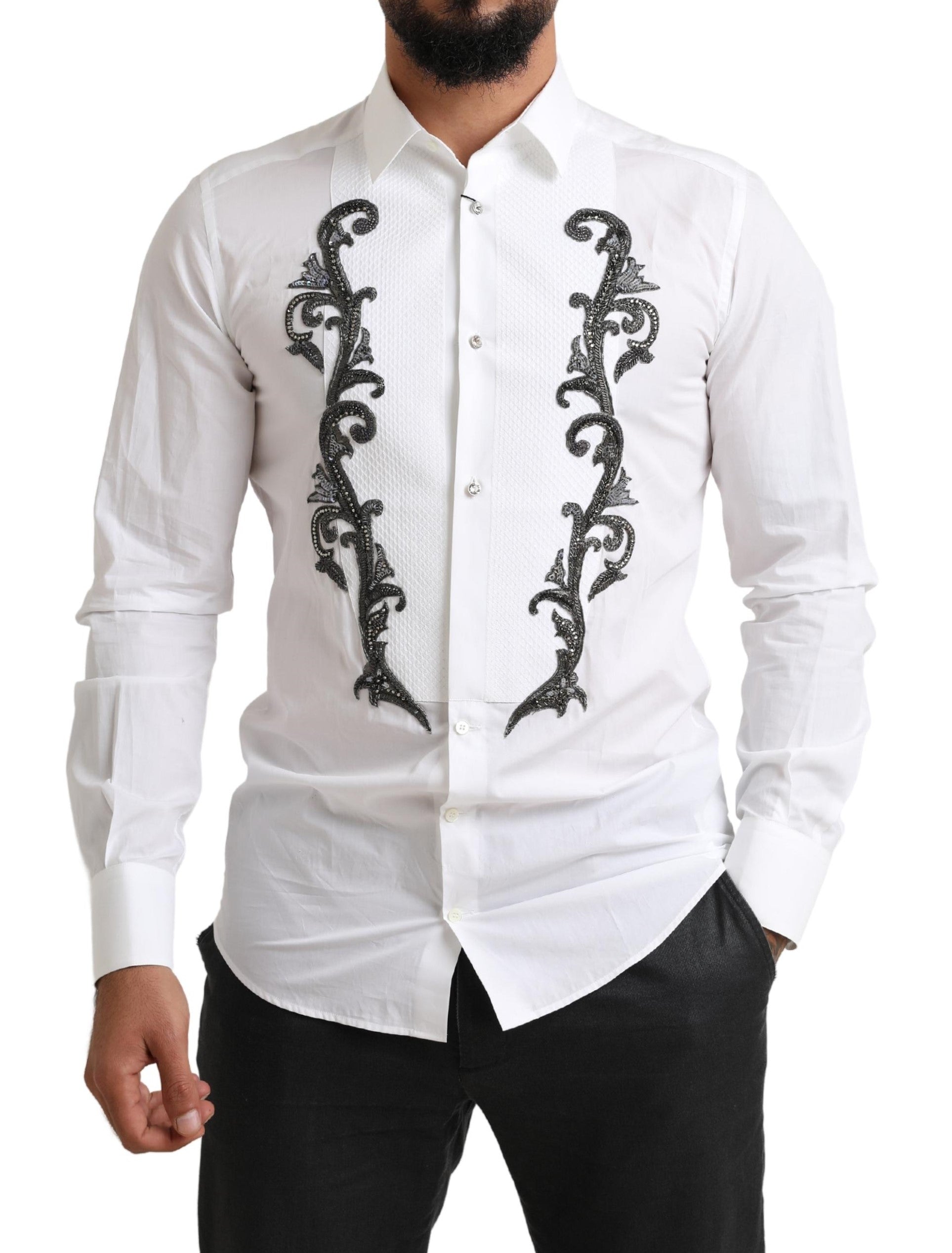 White Tuxedo Slim Fit Baroque Shirt - ventzia