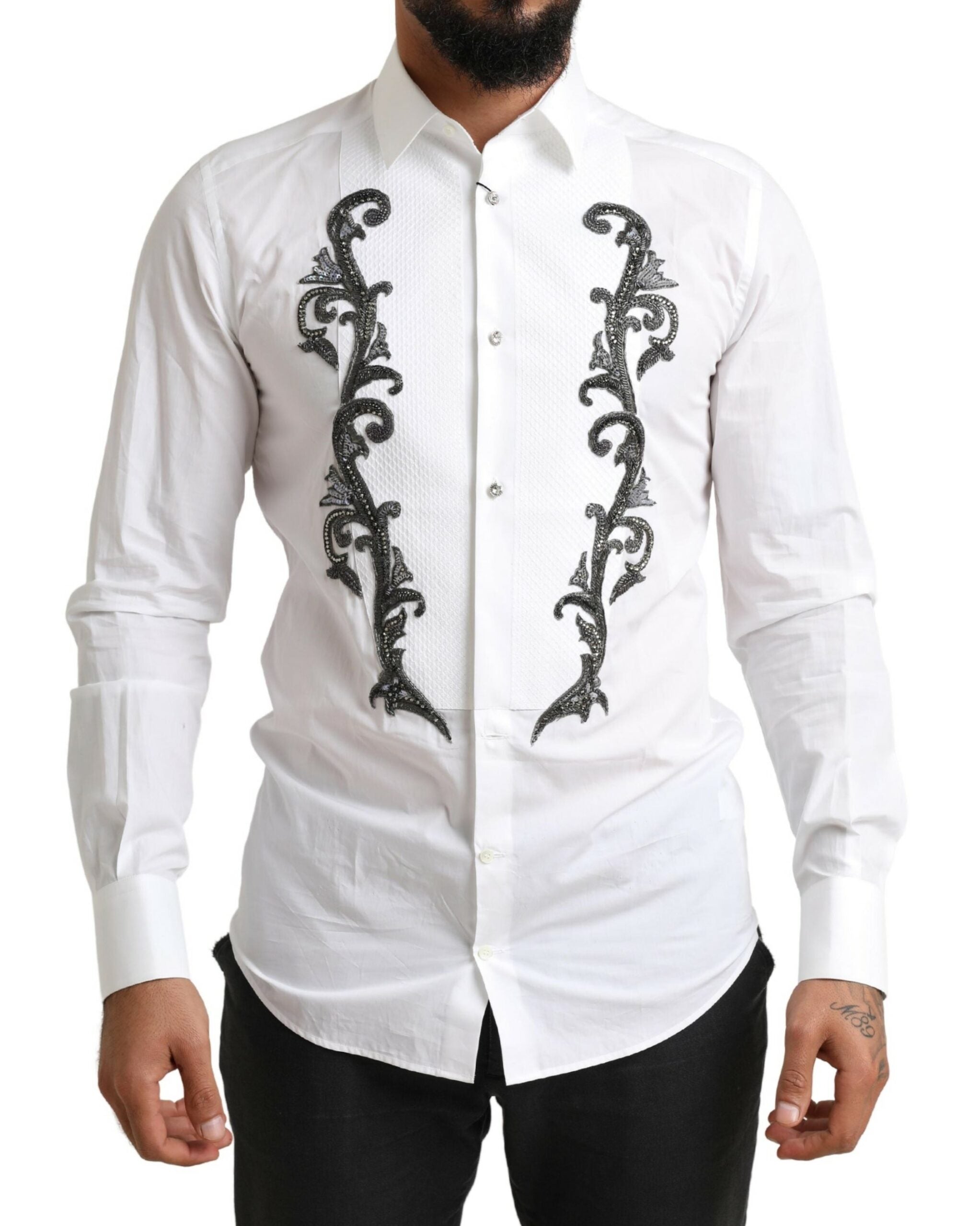 White Tuxedo Slim Fit Baroque Shirt - ventzia