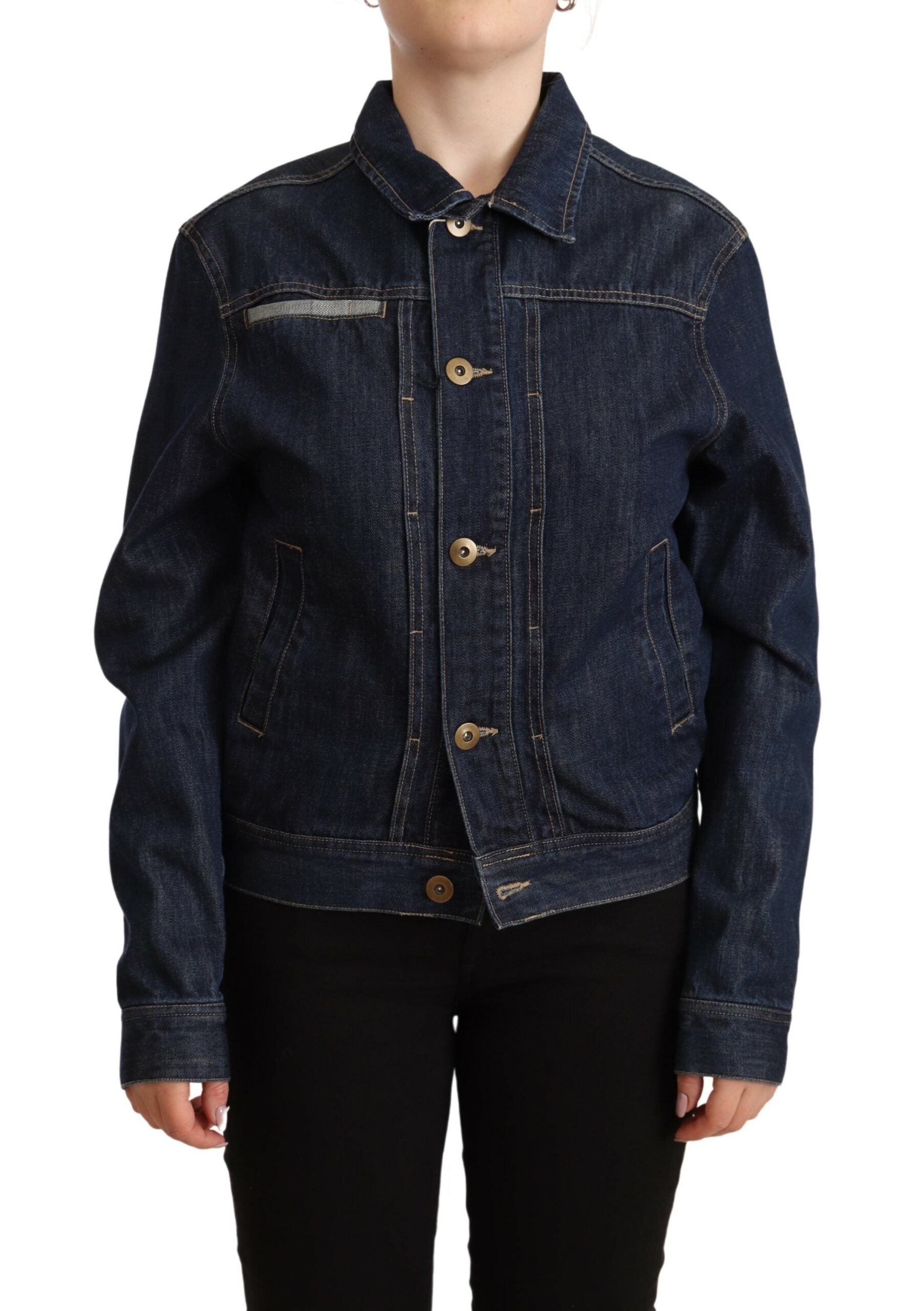 Dark Blue Button Down Long Sleeves Denim Jacket - ventzia