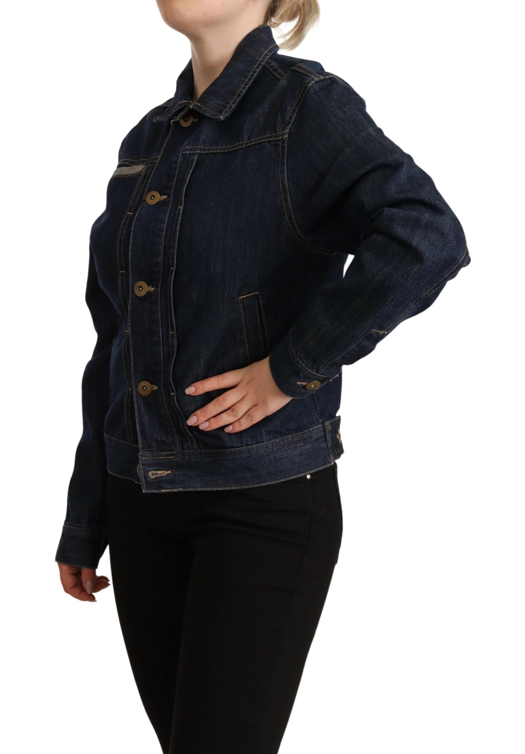 Dark Blue Button Down Long Sleeves Denim Jacket - ventzia