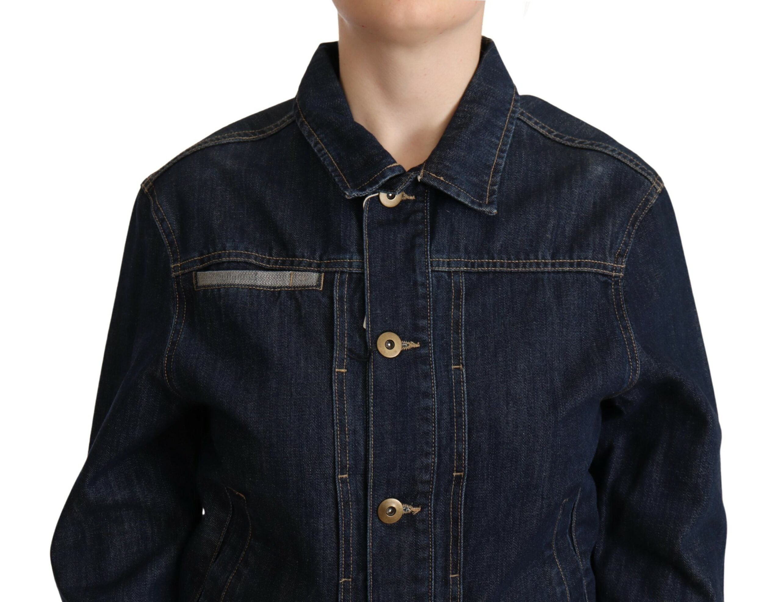 Dark Blue Button Down Long Sleeves Denim Jacket - ventzia