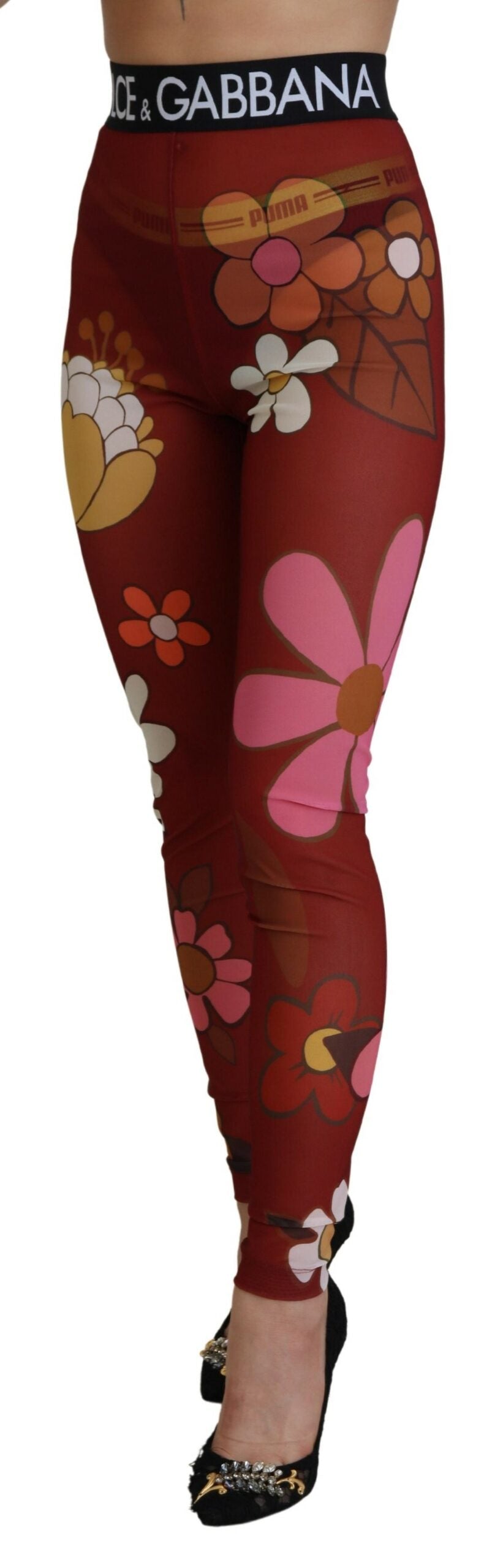 Red Floral Leggings Stretch Waist Pants - ventzia