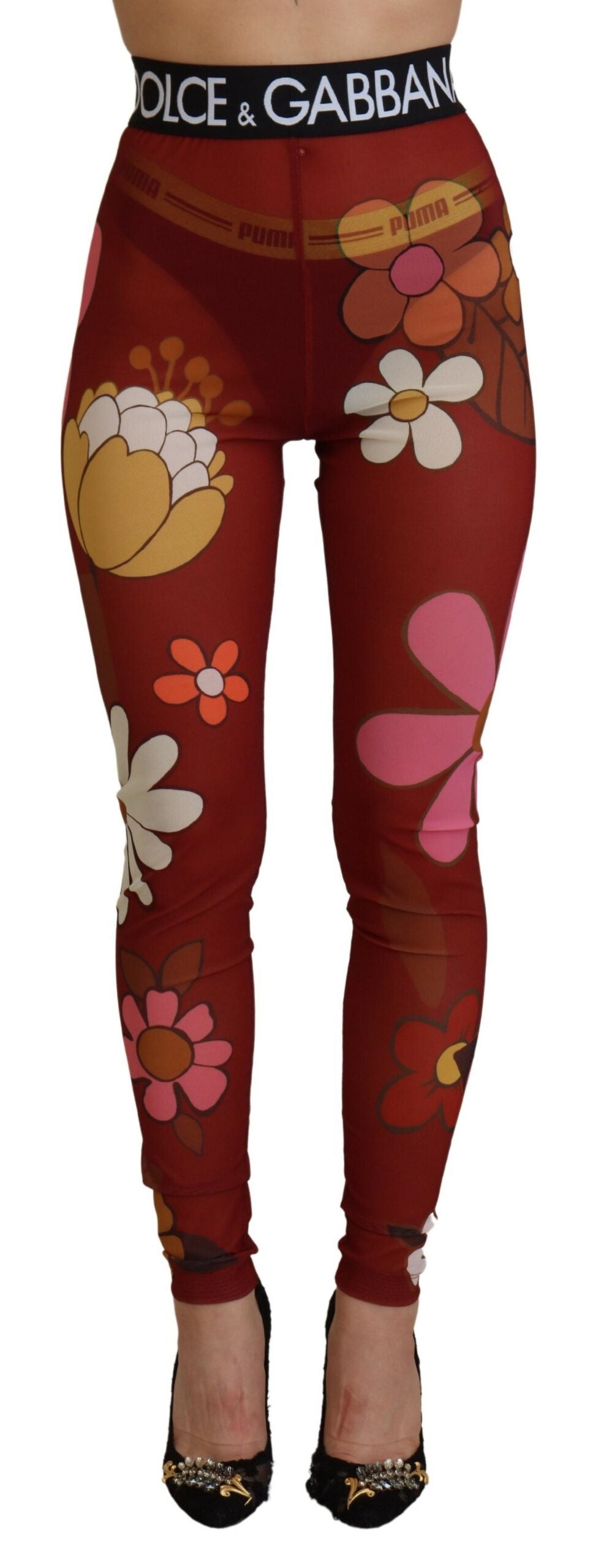 Red Floral Leggings Stretch Waist Pants - ventzia