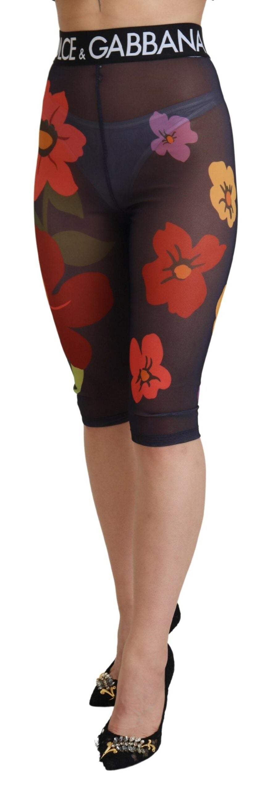 Black Floral Leggings Stretch Waist Pants - ventzia