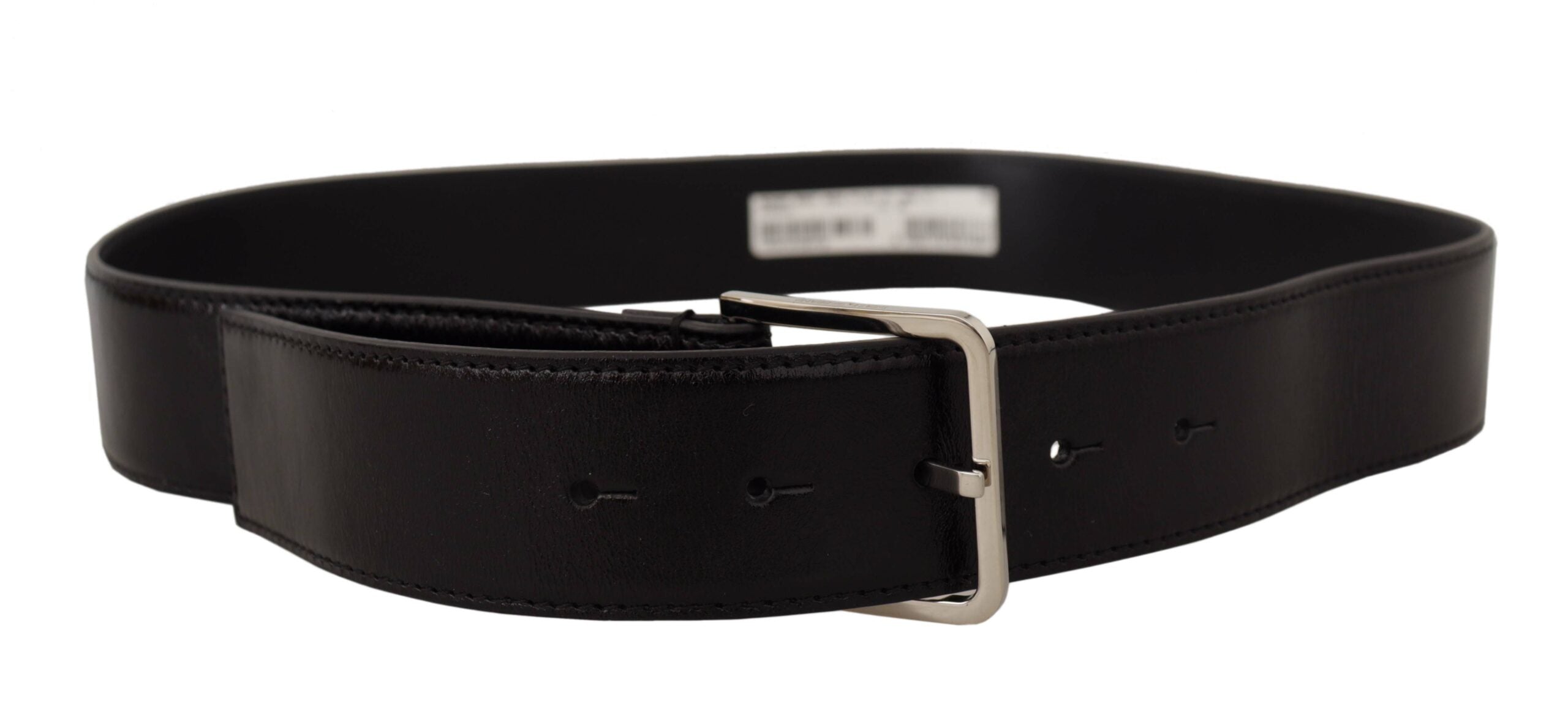 Black Calf Leather Logo Engraved Metal Buckle Belt - ventzia