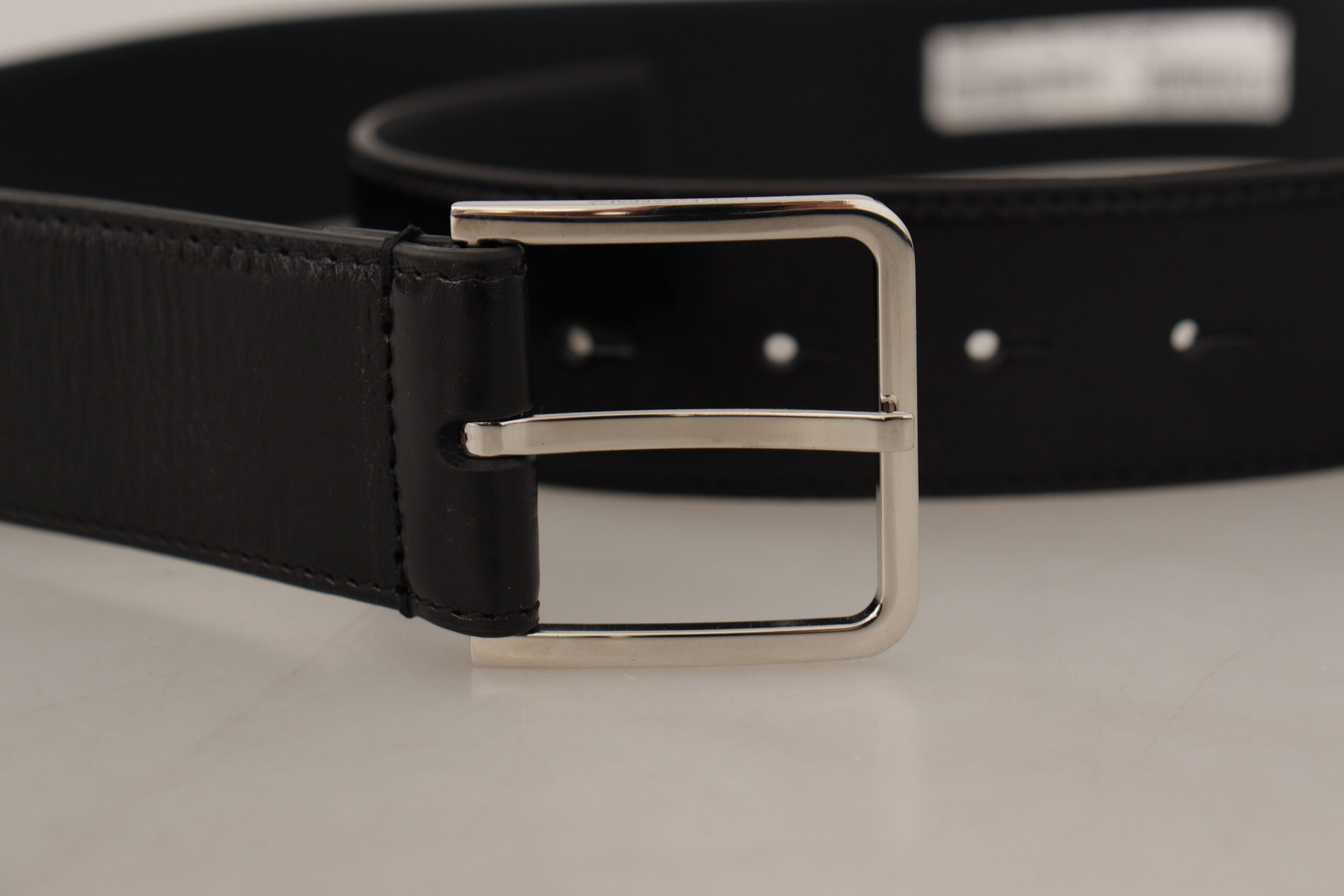 Black Calf Leather Logo Engraved Metal Buckle Belt - ventzia