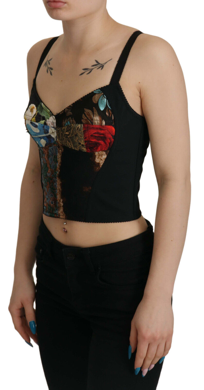 Black Patchwork Sicily Blouse Corset Cropped Top - ventzia