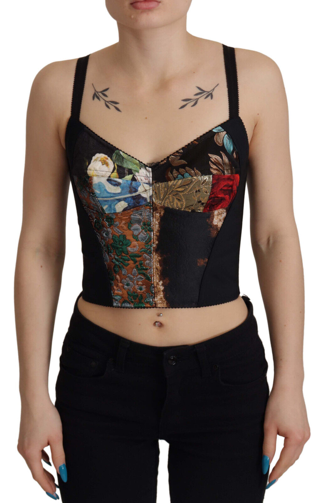 Black Patchwork Sicily Blouse Corset Cropped Top - ventzia