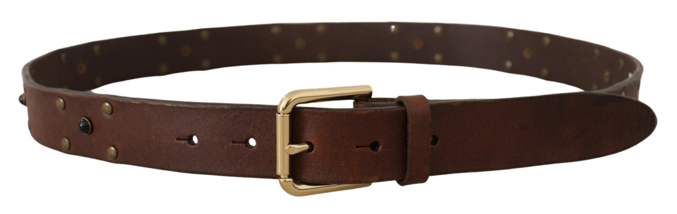 Brown Leather Studded Gold Tone Metal Buckle Belt - ventzia