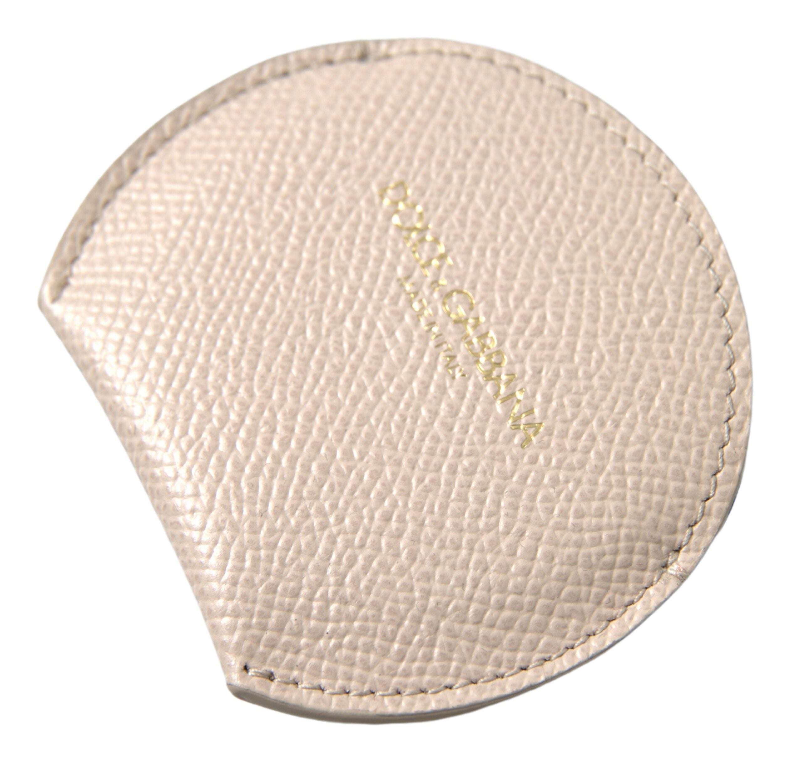 Beige Calfskin Leather Round Logo Hand Mirror Holder - ventzia