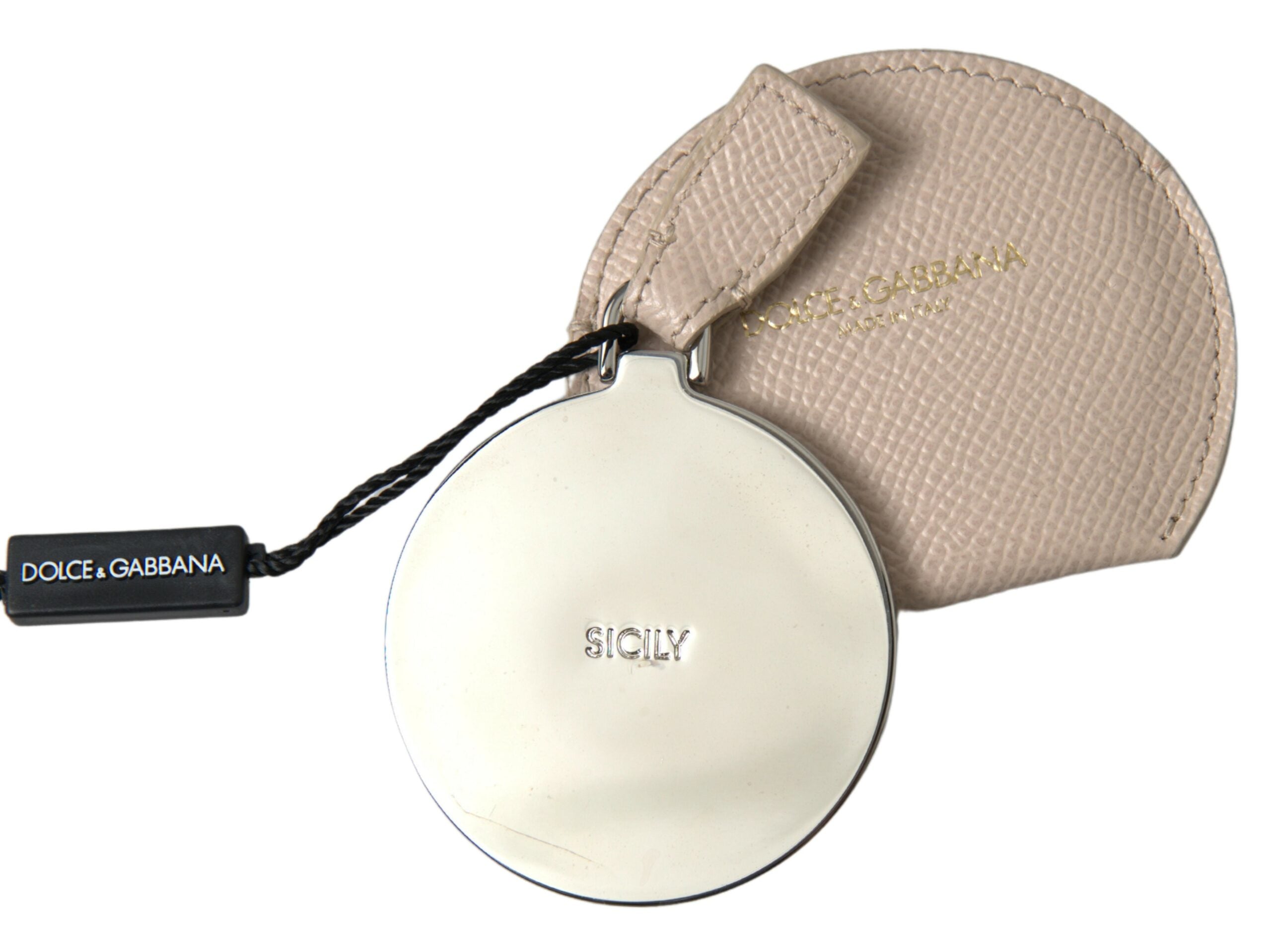 Beige Calfskin Leather Round Logo Hand Mirror Holder - ventzia