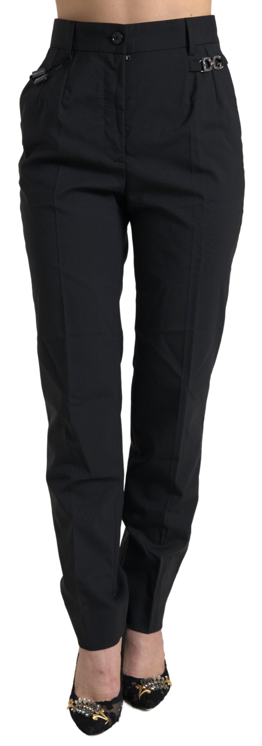Black Wool High Waist Tapered Pants - ventzia