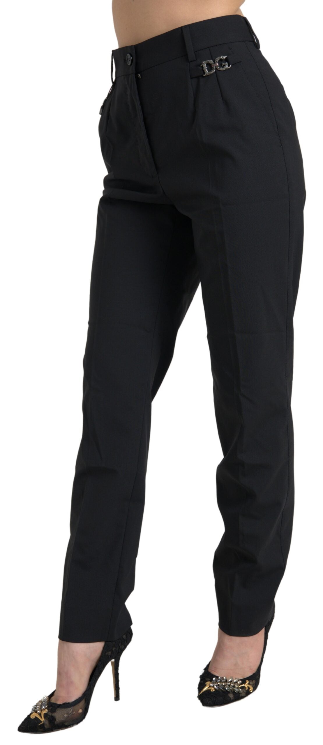 Black Wool High Waist Tapered Pants - ventzia