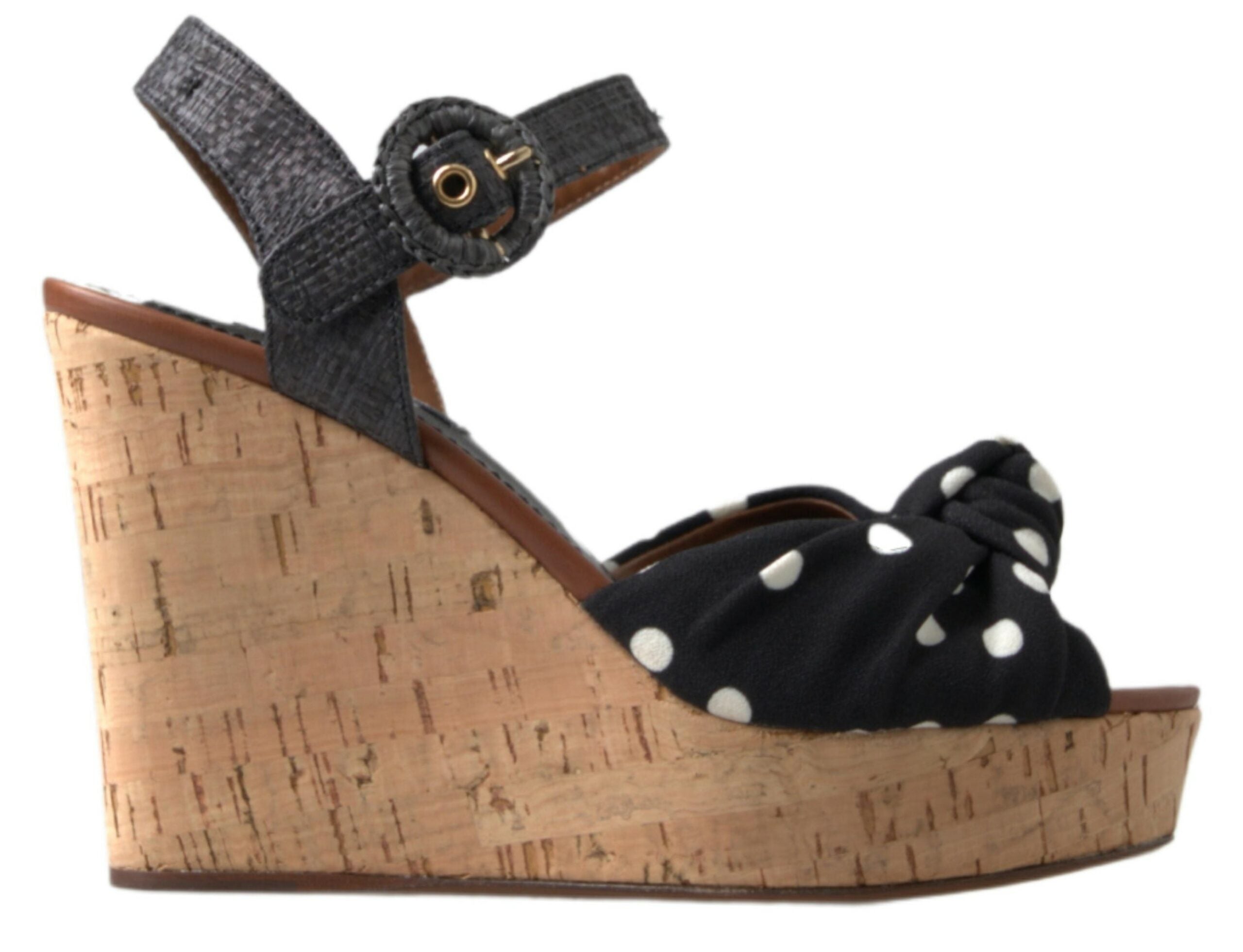 Black  Wedges Polka Dotted Ankle Strap Shoes Sandals - ventzia