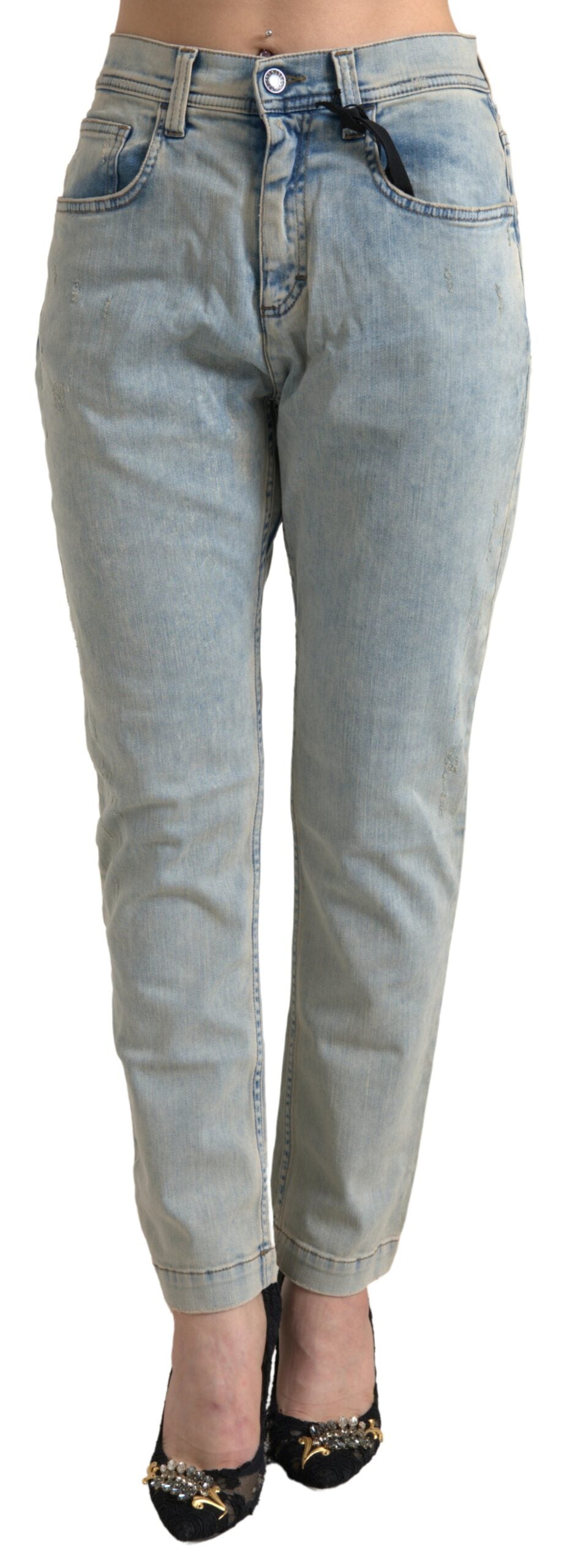 Blue Washed Cotton Mid Waist Skinny Jeans - ventzia