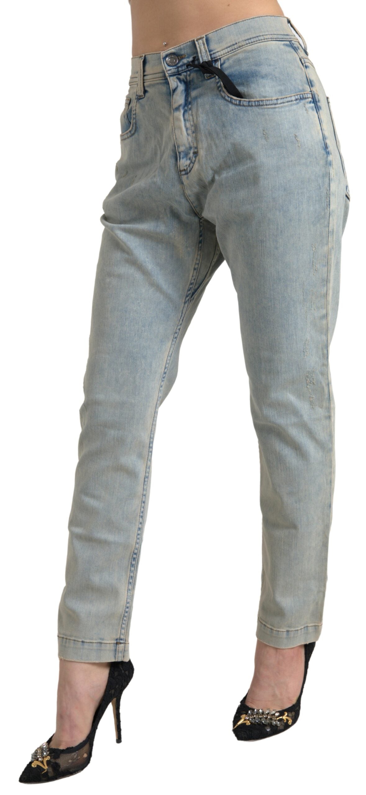 Blue Washed Cotton Mid Waist Skinny Jeans - ventzia