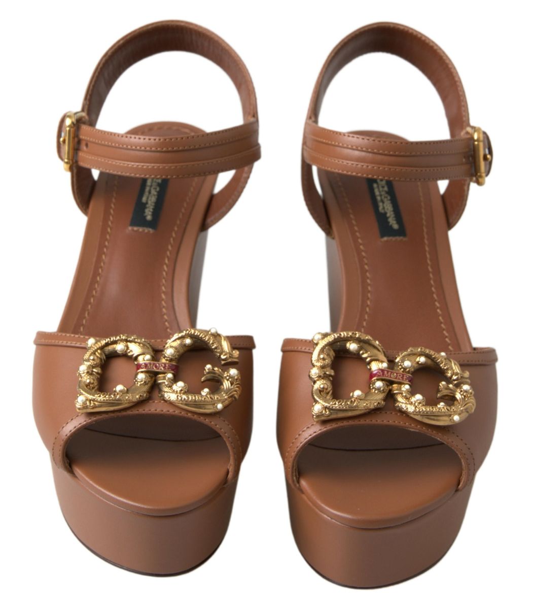 Brown Leather AMORE Wedges Sandals Shoes - ventzia