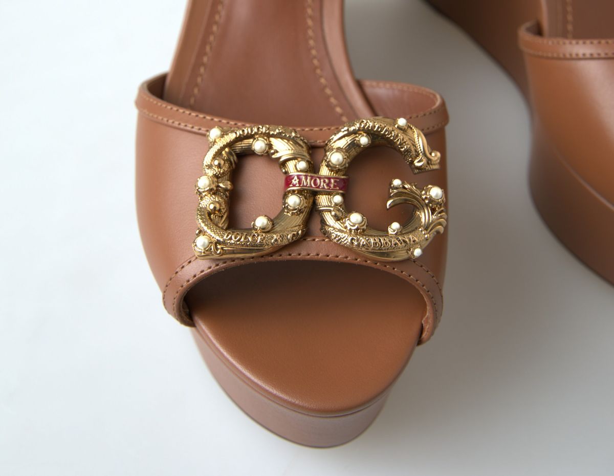 Brown Leather AMORE Wedges Sandals Shoes - ventzia