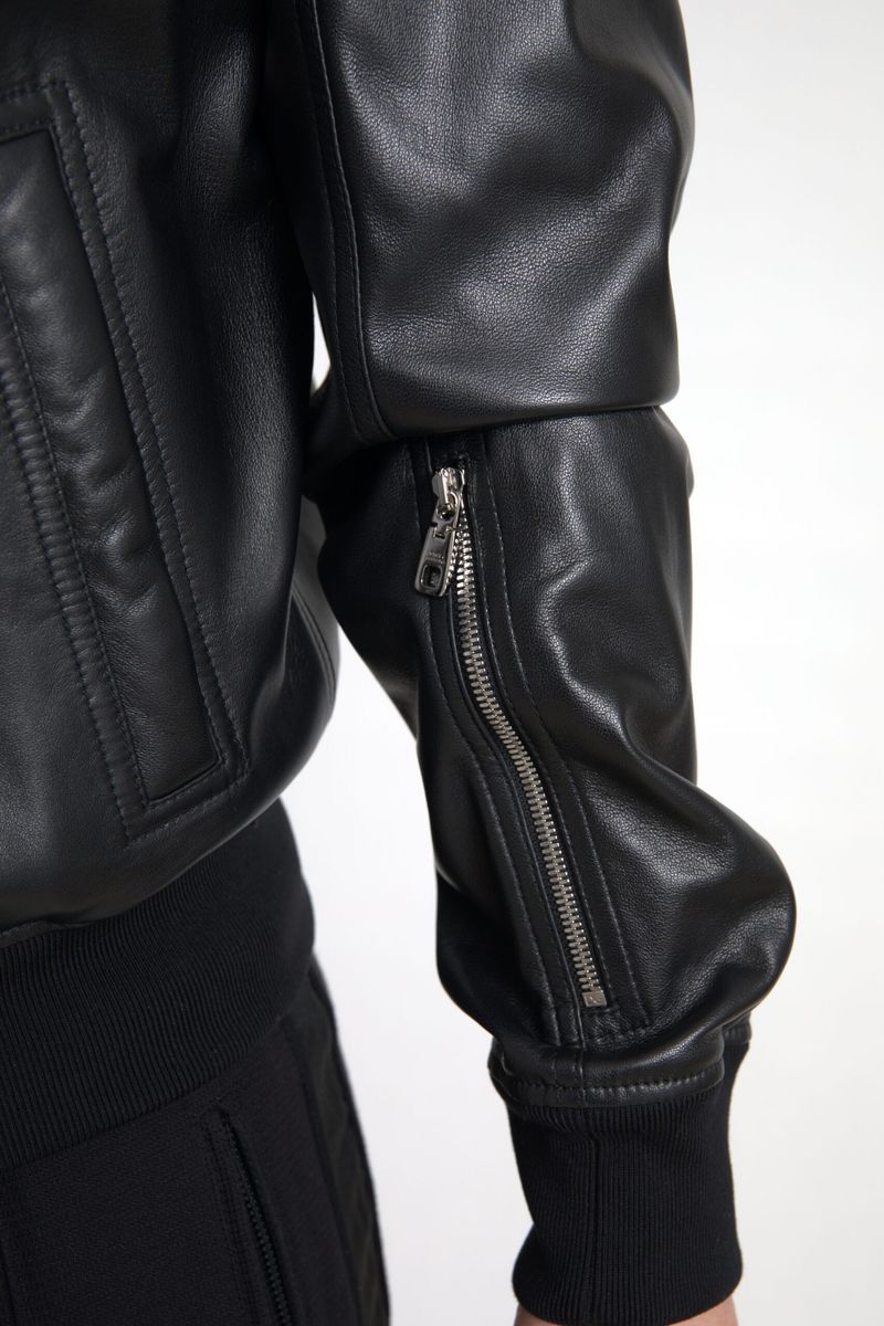 Black Leather Full Zip Bomber Men Jacket - ventzia