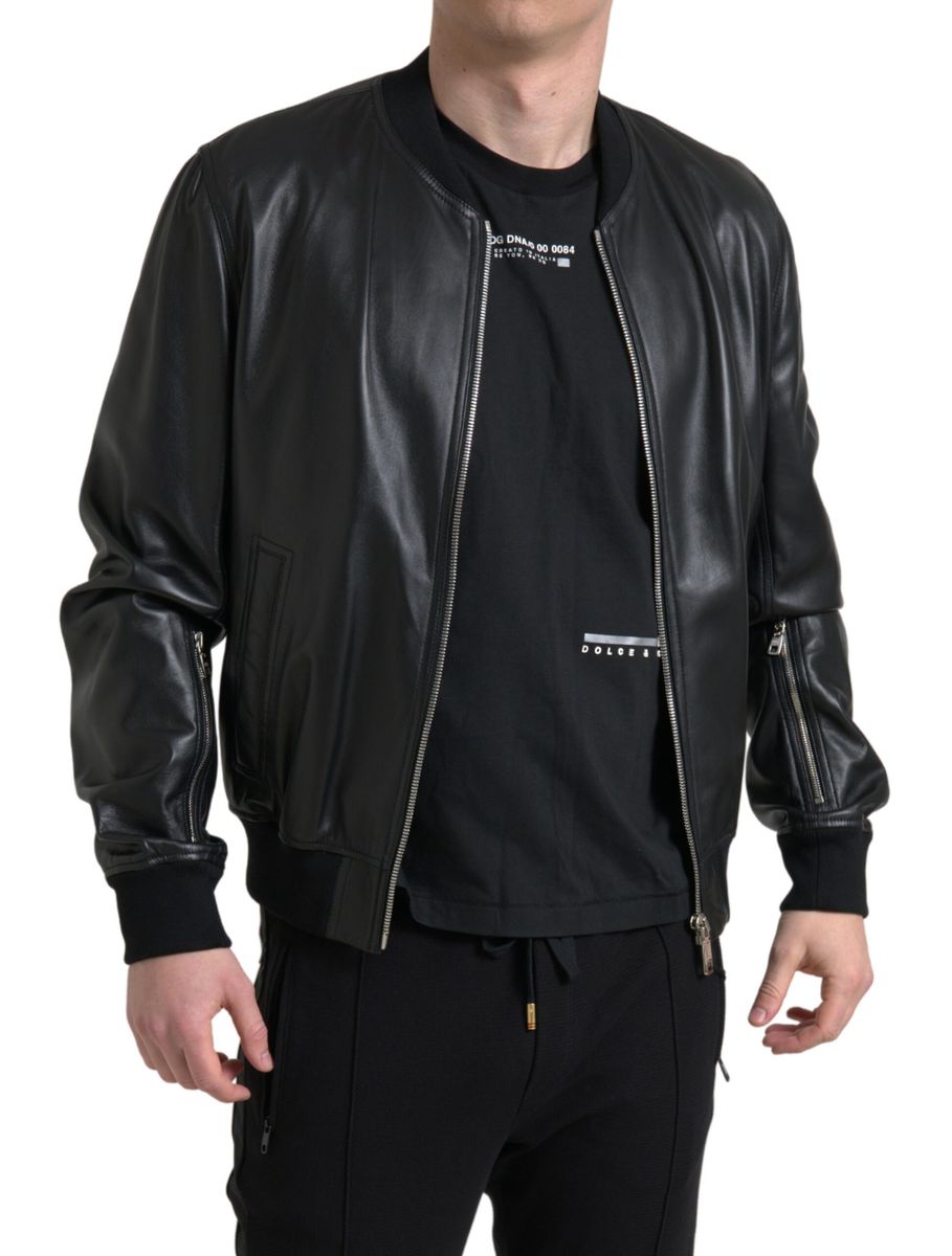 Black Leather Full Zip Bomber Men Jacket - ventzia