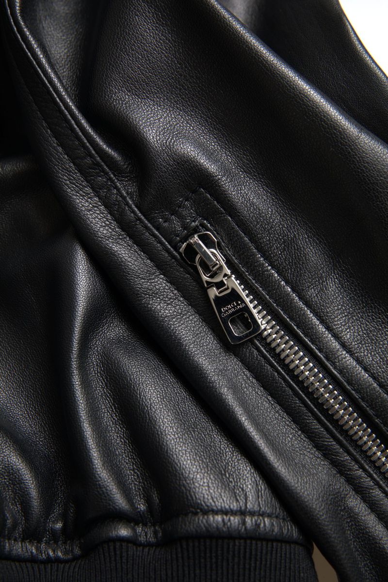 Black Leather Full Zip Bomber Men Jacket - ventzia