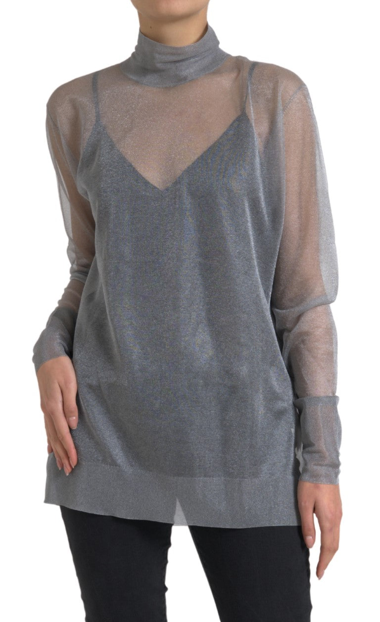Gray Mesh Turtleneck Long Sleeve Blouse Top - ventzia