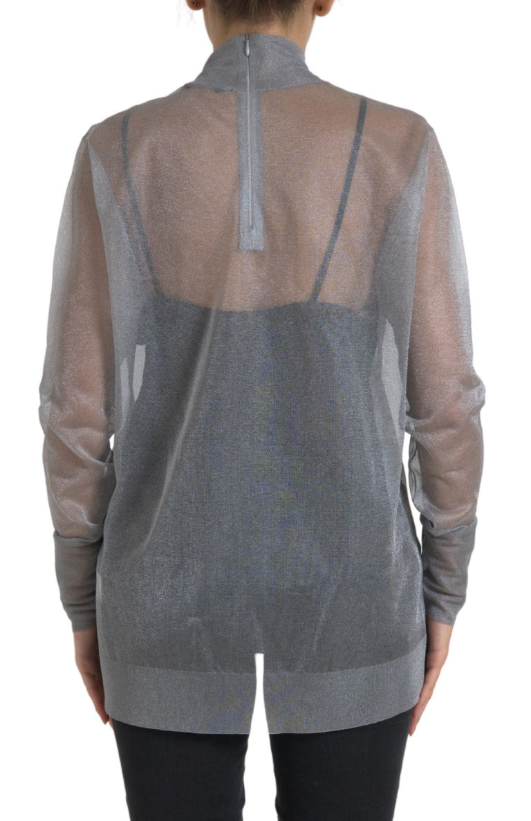 Gray Mesh Turtleneck Long Sleeve Blouse Top - ventzia