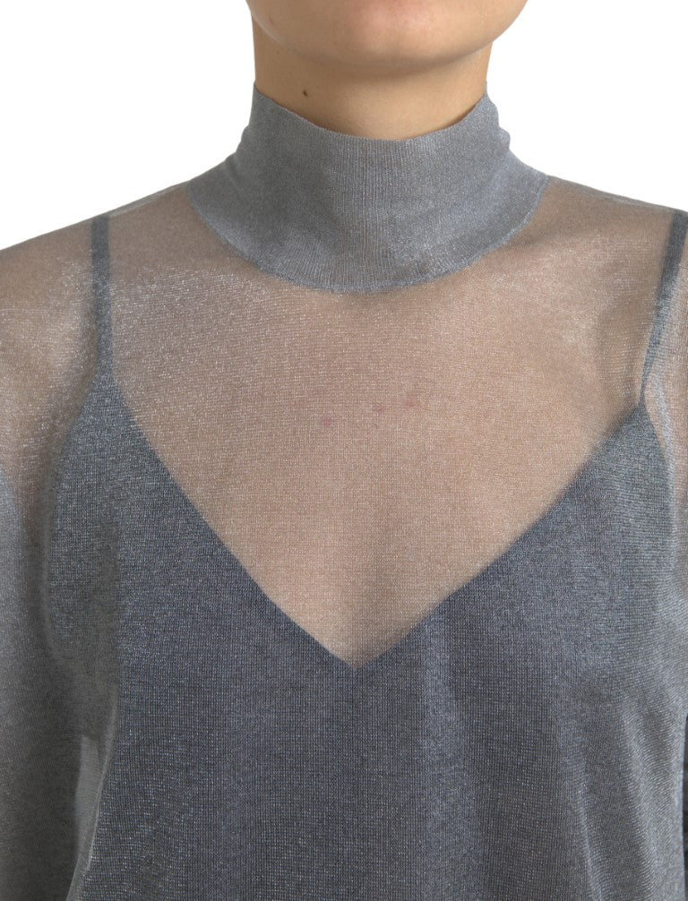 Gray Mesh Turtleneck Long Sleeve Blouse Top - ventzia