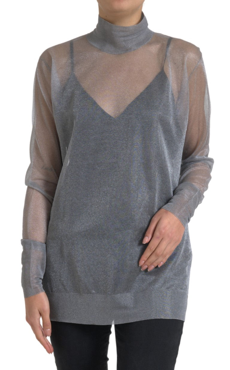 Gray Mesh Turtleneck Long Sleeve Blouse Top - ventzia