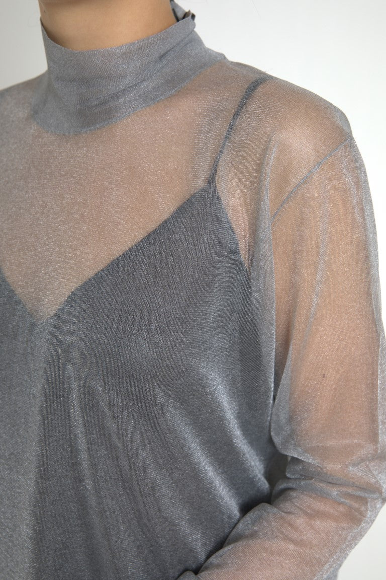 Gray Mesh Turtleneck Long Sleeve Blouse Top - ventzia