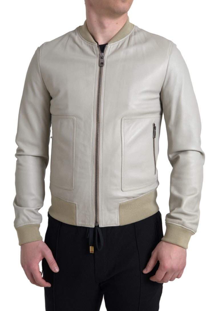 Cream Leather Bomber Blouson Full Zip Jacket - ventzia