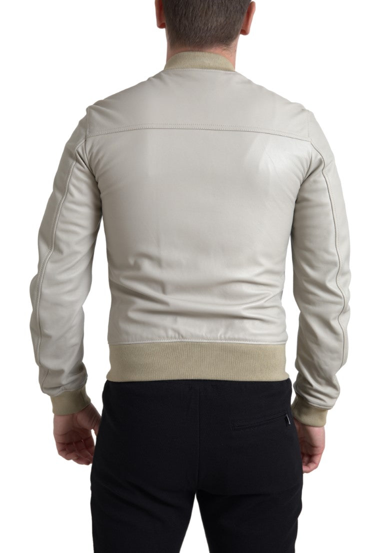 Cream Leather Bomber Blouson Full Zip Jacket - ventzia
