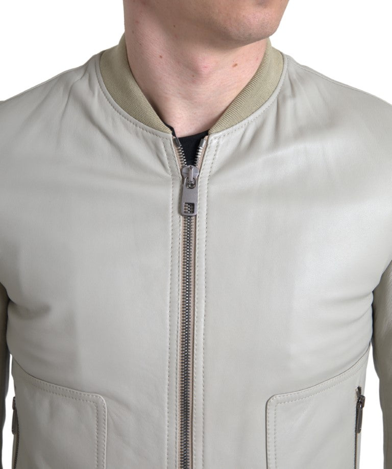 Cream Leather Bomber Blouson Full Zip Jacket - ventzia