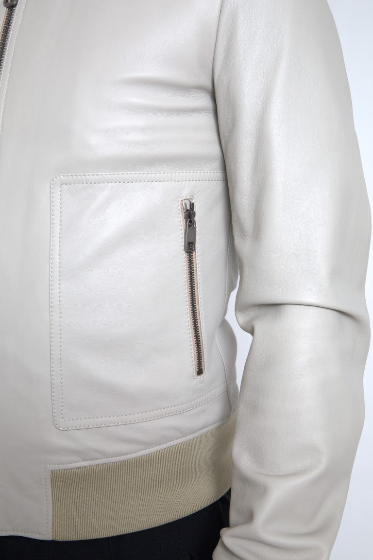 Cream Leather Bomber Blouson Full Zip Jacket - ventzia