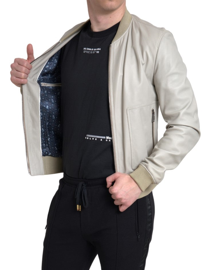 Cream Leather Bomber Blouson Full Zip Jacket - ventzia