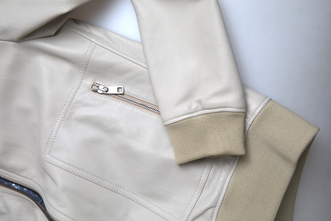 Cream Leather Bomber Blouson Full Zip Jacket - ventzia